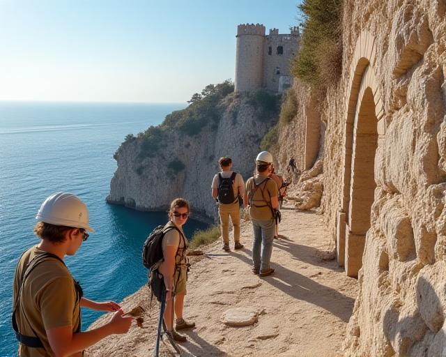 Studenti che lavorano su un sito di restauro archeologico costiero